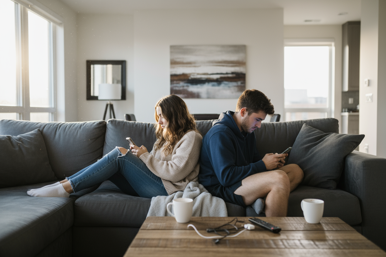 Paare, dass auf dem Sofa sitzt und auf das Handy schaut und sich gegenseitig nicht beachtet